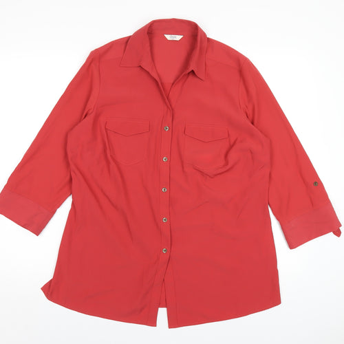 Classic Womens Red Polyester Basic Button-Up Size 14 Collared