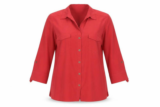 Front view of Classics women’s red polyester basic button-up, size UK 14, collared