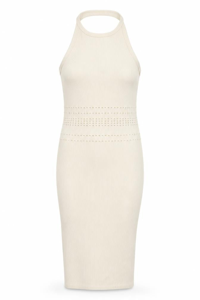 Front view of Bershka women’s beige polyamide bodycon, size M, halter pullover