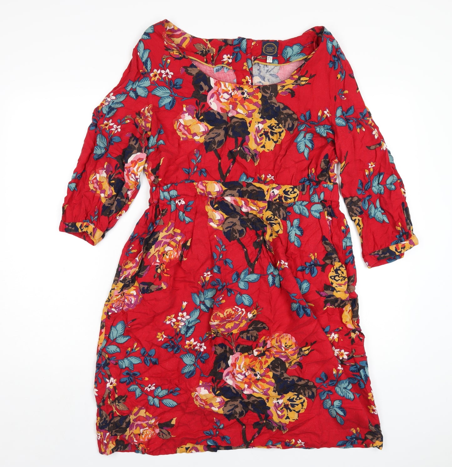 Joules Womens Red Floral Viscose A-Line Size 14 Round Neck Button