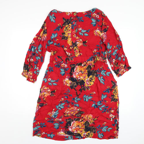 Joules Womens Red Floral Viscose A-Line Size 14 Round Neck Button