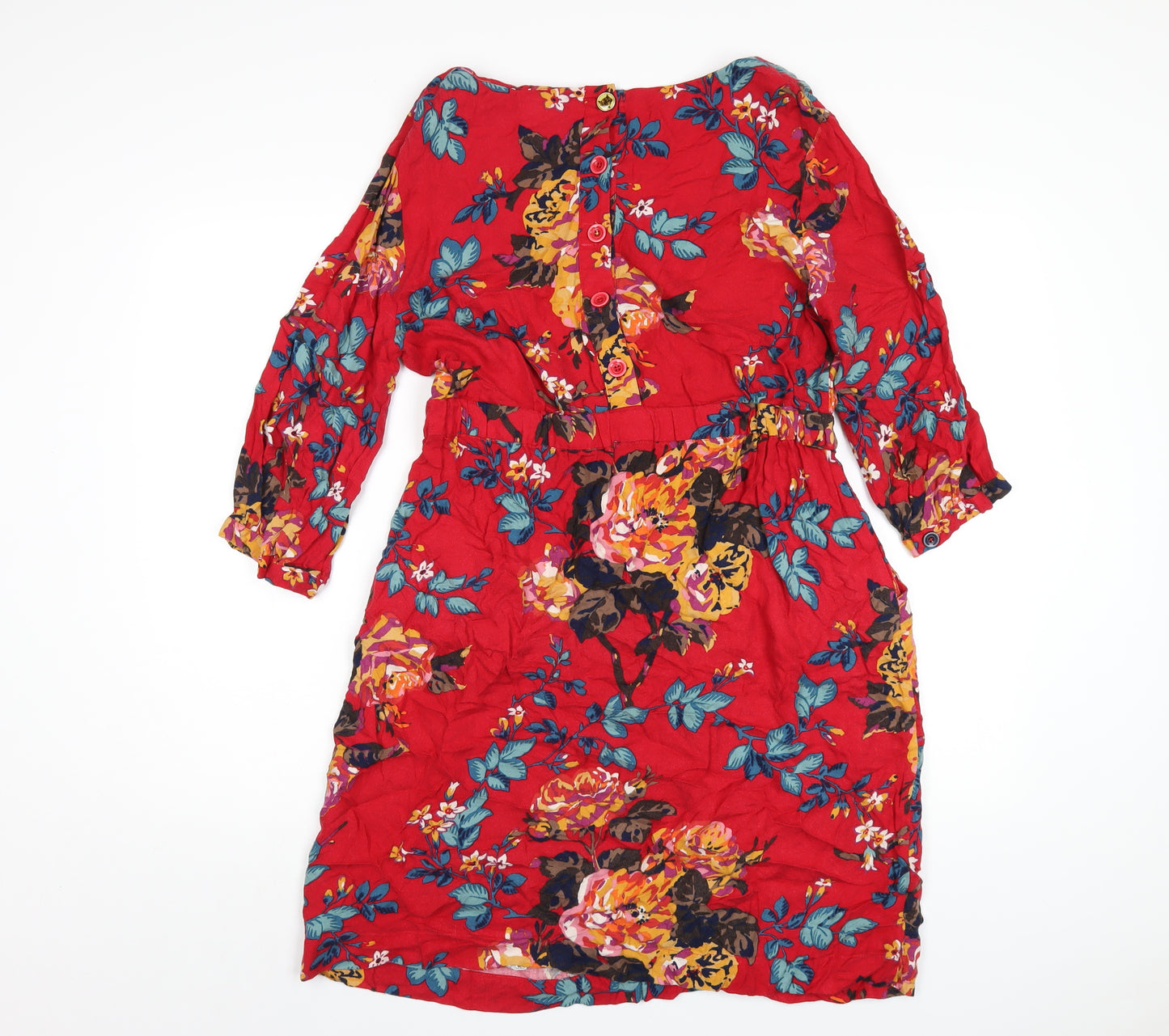 Joules Womens Red Floral Viscose A-Line Size 14 Round Neck Button