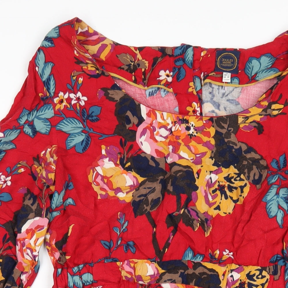 Joules Womens Red Floral Viscose A-Line Size 14 Round Neck Button