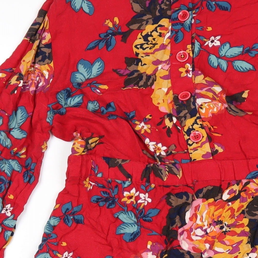 Joules Womens Red Floral Viscose A-Line Size 14 Round Neck Button