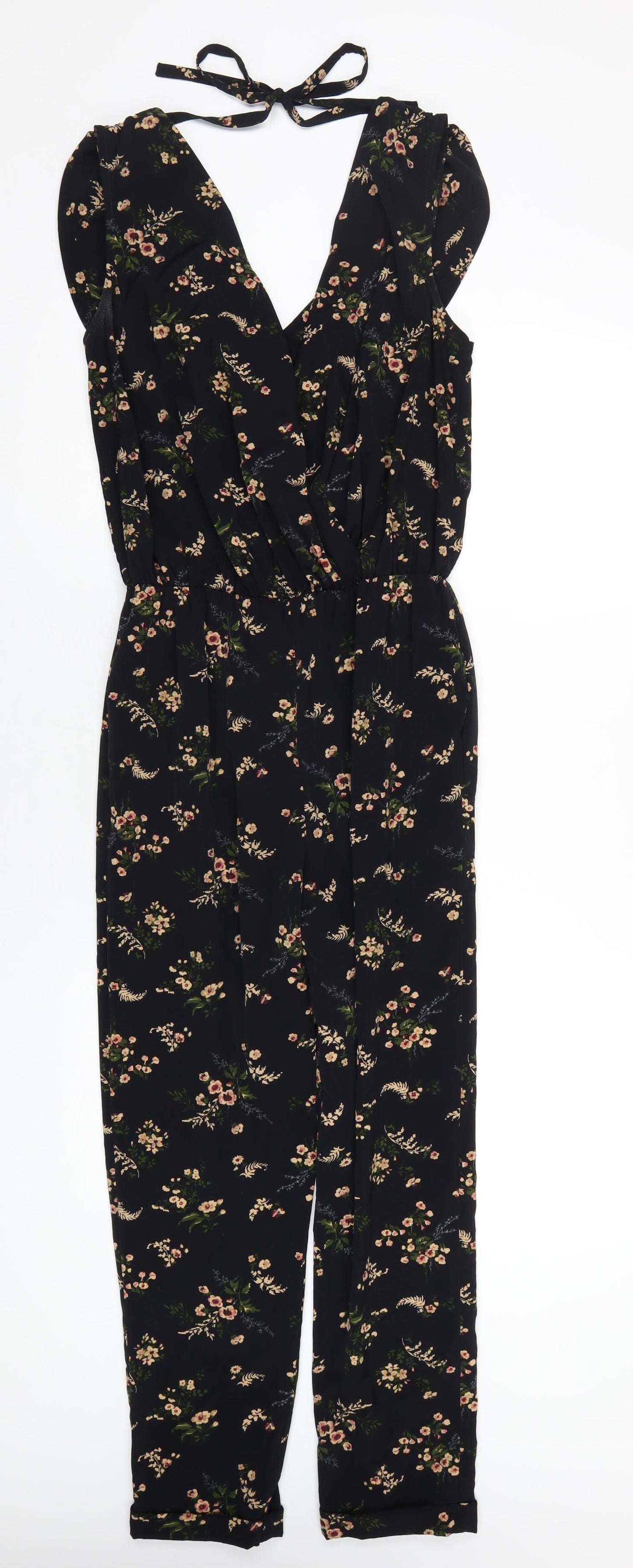 Topshop Womens Black Floral Polyester Jumpsuit One-Piece Size 10 L27 in Pullover