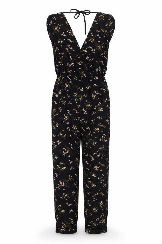 Front view of Topshop women’s black floral polyester jumpsuit one-piece, size UK 10, 27-inch leg pullover