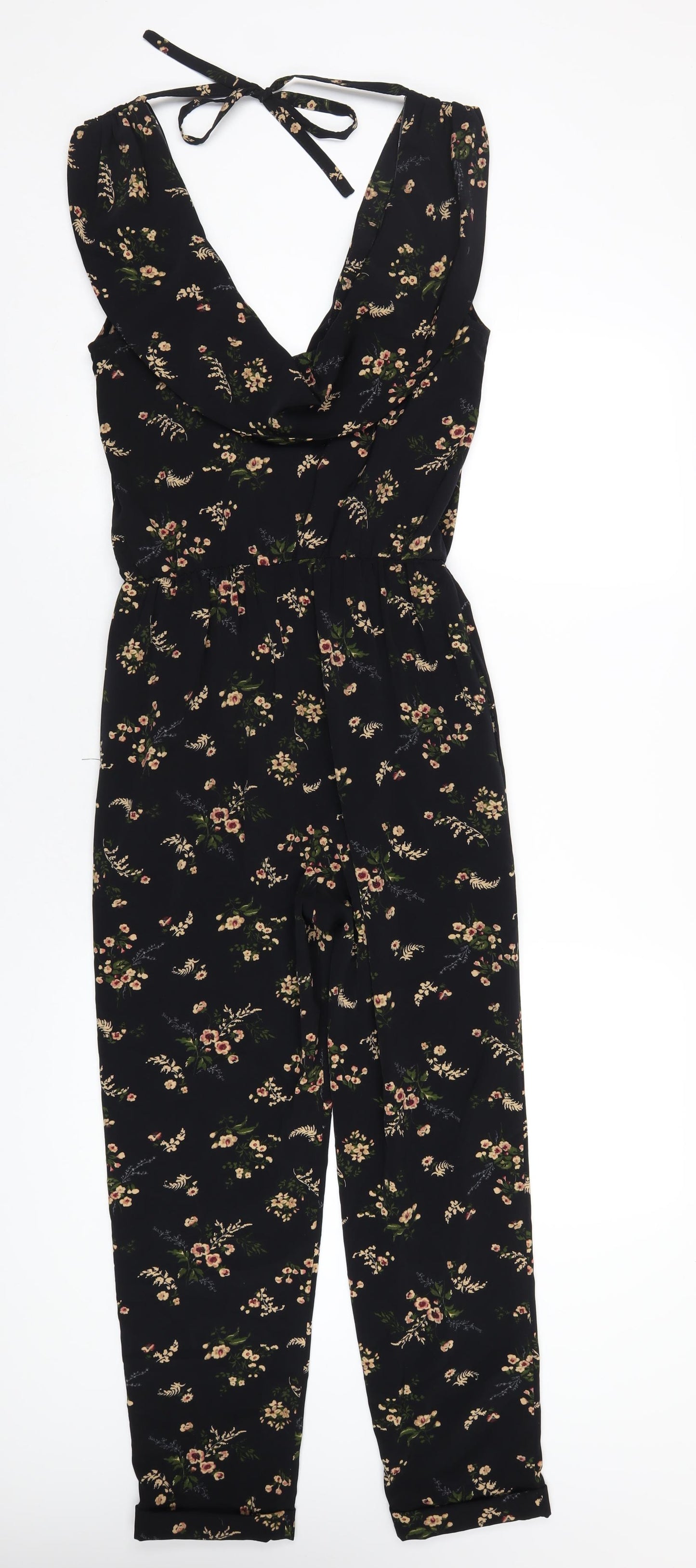 Topshop Womens Black Floral Polyester Jumpsuit One-Piece Size 10 L27 in Pullover