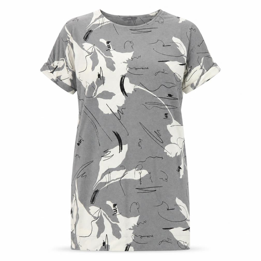 Front view of Next women’s grey geometric polyester t-shirt dress, size UK 12, round neck pullover