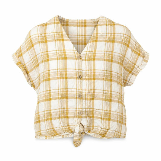 Front view of New Look women’s yellow plaid viscose basic t-shirt, size UK 6, v-neck