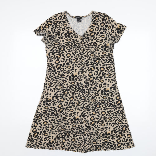 New Look Womens Beige Animal Print Viscose A-Line Size 12 V-Neck Pullover