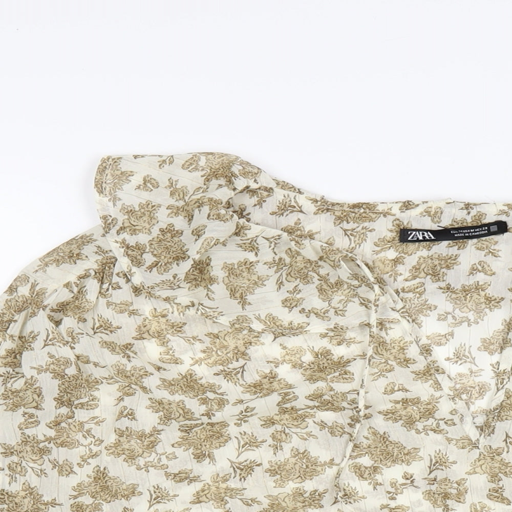 Zara Womens Beige Geometric Polyester Basic T-Shirt Size M V-Neck