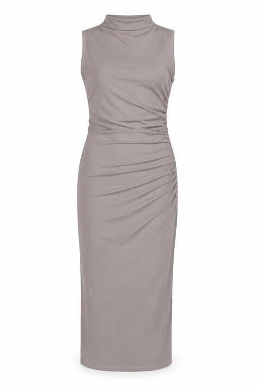 Front view of Boohoo women’s grey polyester bodycon, size UK 8, mock neck pullover