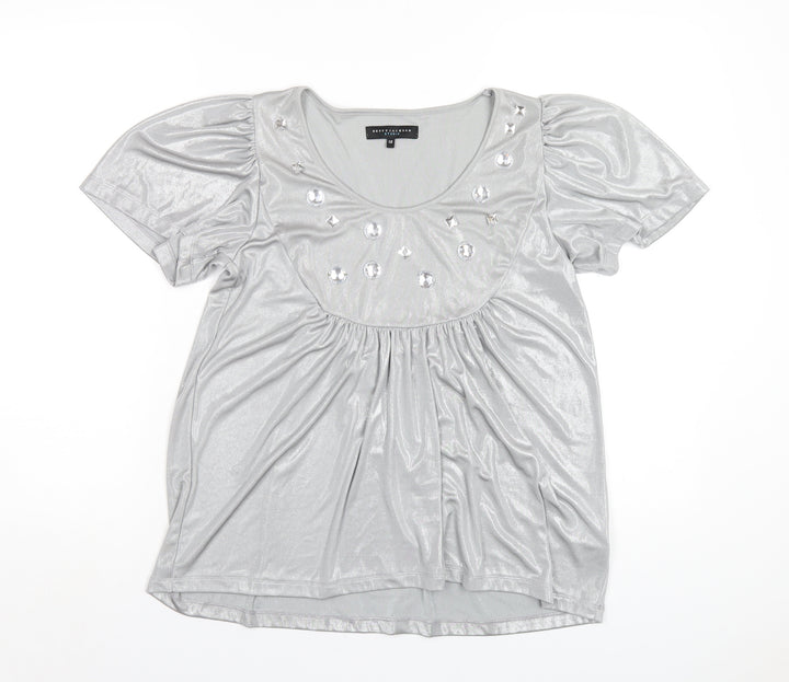 Betty Jackson Womens Silver Polyester Basic T-Shirt Size 12 Scoop Neck