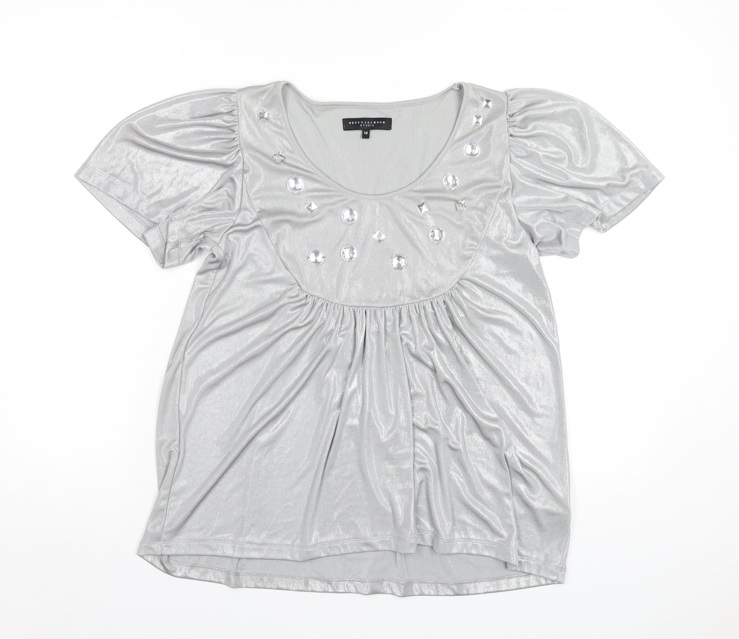 Betty Jackson Womens Silver Polyester Basic T-Shirt Size 12 Scoop Neck