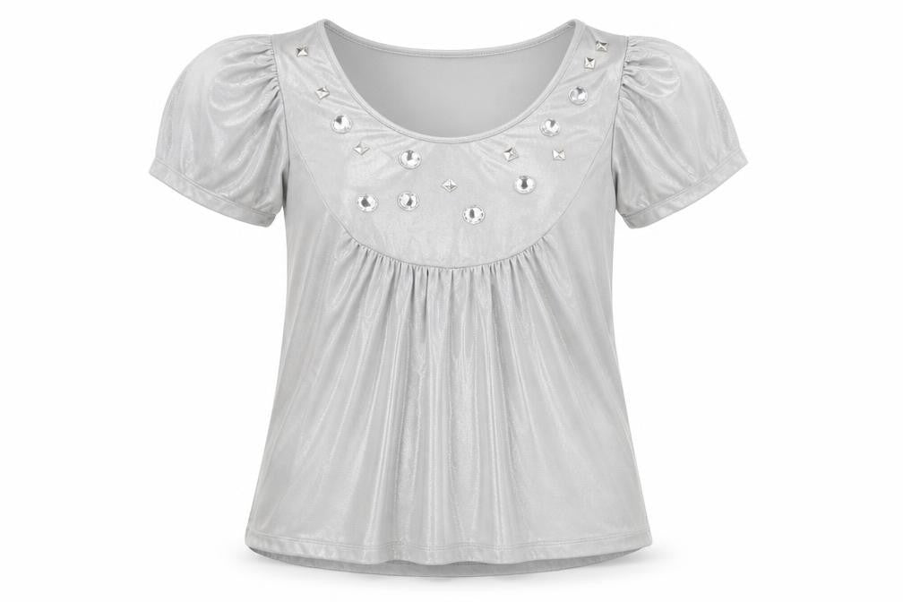 Front view of Betty Jackson women’s silver polyester basic t-shirt, size UK 12, scoop neck