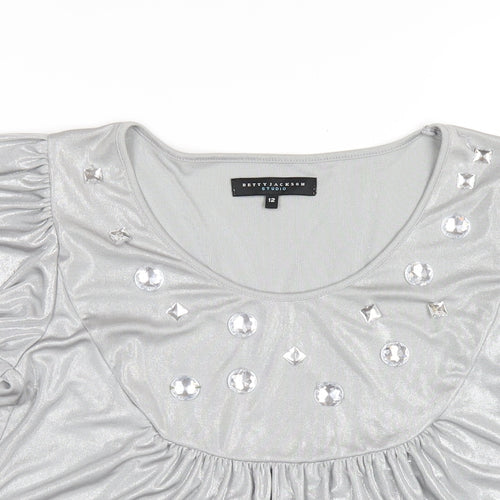 Betty Jackson Womens Silver Polyester Basic T-Shirt Size 12 Scoop Neck