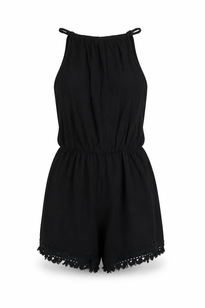 Front view of ASOS women’s black vinyl playsuit one-piece, size UK 8, pullover