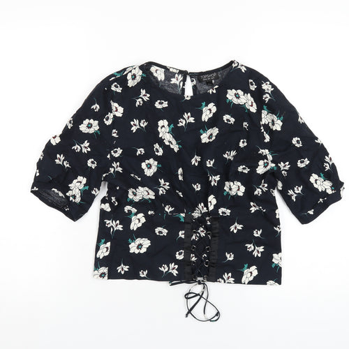 Topshop Womens Blue Floral Cotton Basic T-Shirt Size 12 Round Neck