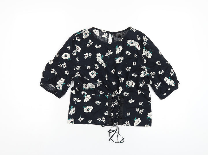 Topshop Womens Blue Floral Cotton Basic T-Shirt Size 12 Round Neck