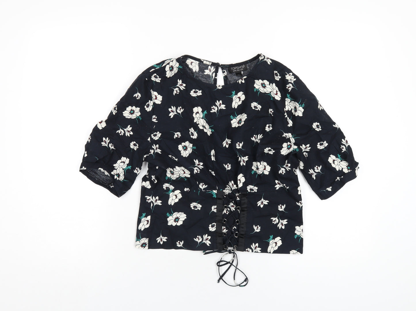 Topshop Womens Blue Floral Cotton Basic T-Shirt Size 12 Round Neck