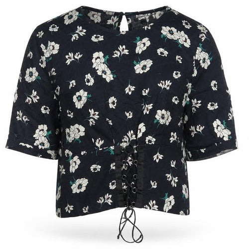 Topshop Womens Blue Floral Cotton Basic T-Shirt Size 12 Round Neck