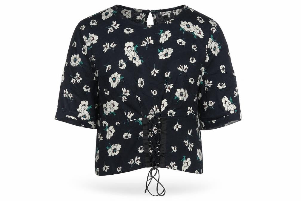 Topshop Womens Blue Floral Cotton Basic T-Shirt Size 12 Round Neck
