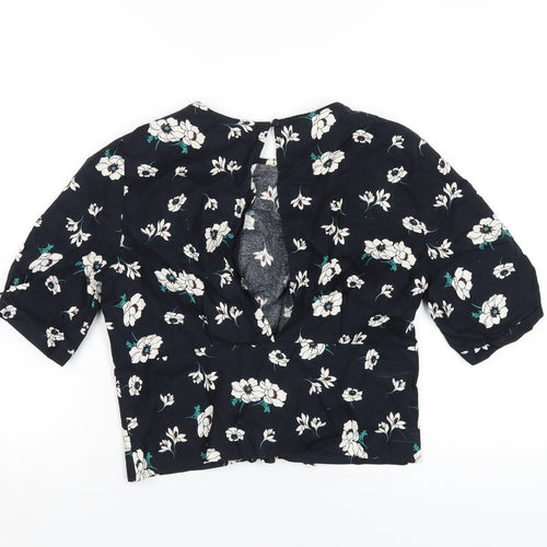 Topshop Womens Blue Floral Cotton Basic T-Shirt Size 12 Round Neck
