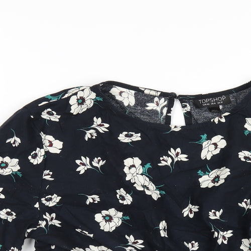Topshop Womens Blue Floral Cotton Basic T-Shirt Size 12 Round Neck