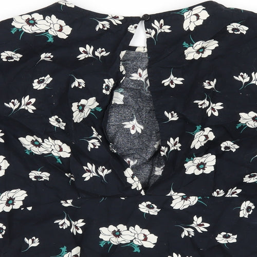 Topshop Womens Blue Floral Cotton Basic T-Shirt Size 12 Round Neck