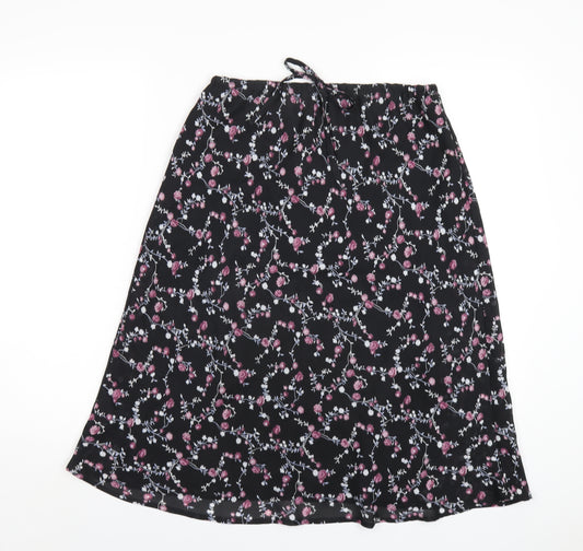 Classic Womens Black Floral Polyester A-Line Skirt Size 14