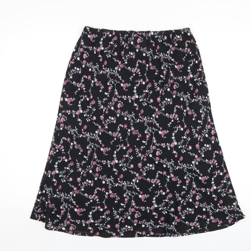 Classic Womens Black Floral Polyester A-Line Skirt Size 14