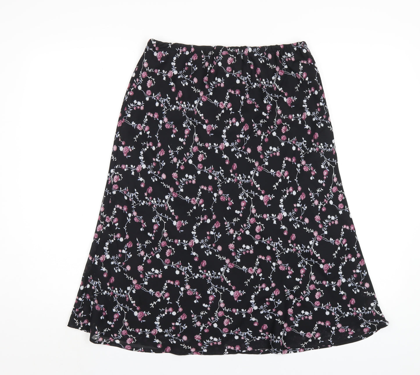 Classic Womens Black Floral Polyester A-Line Skirt Size 14