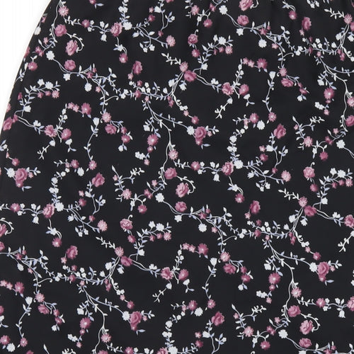 Classic Womens Black Floral Polyester A-Line Skirt Size 14