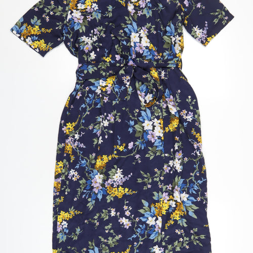 Warehouse Womens Blue Floral Polyester A-Line Size 16 V-Neck Zip