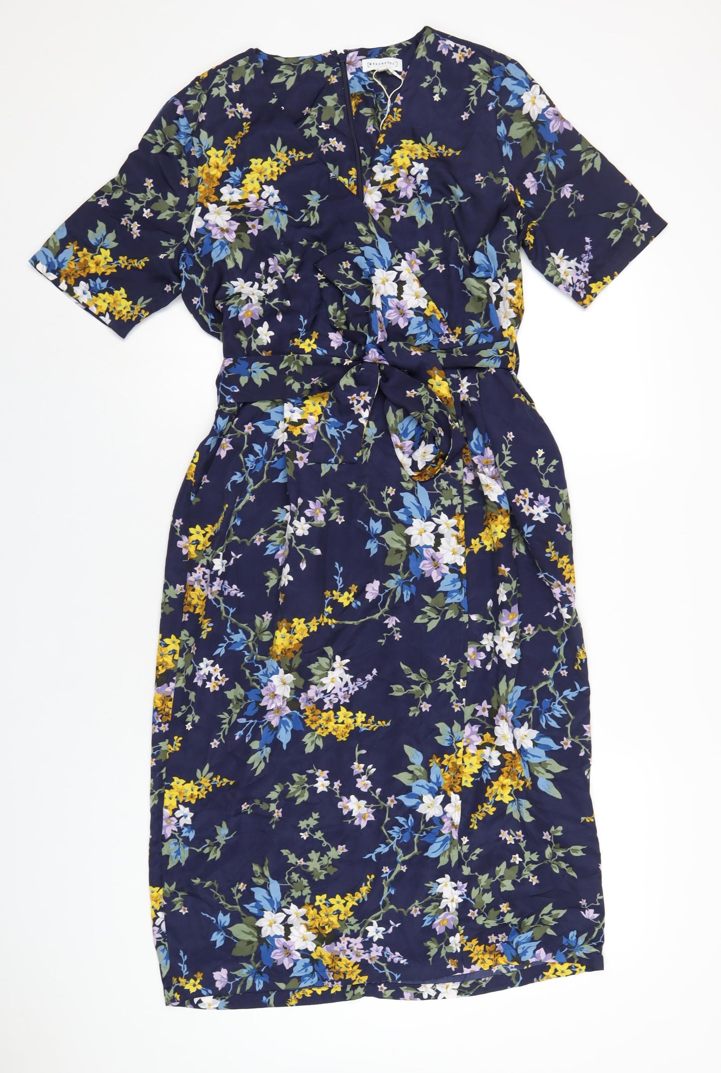 Warehouse Womens Blue Floral Polyester A-Line Size 16 V-Neck Zip