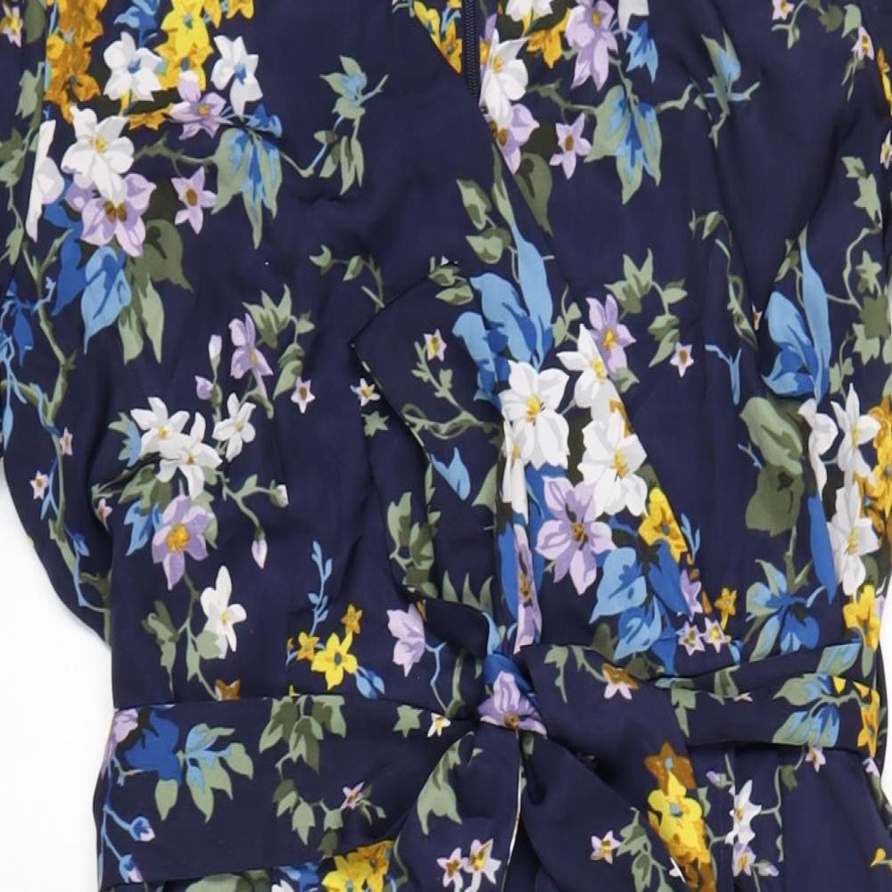 Warehouse Womens Blue Floral Polyester A-Line Size 16 V-Neck Zip