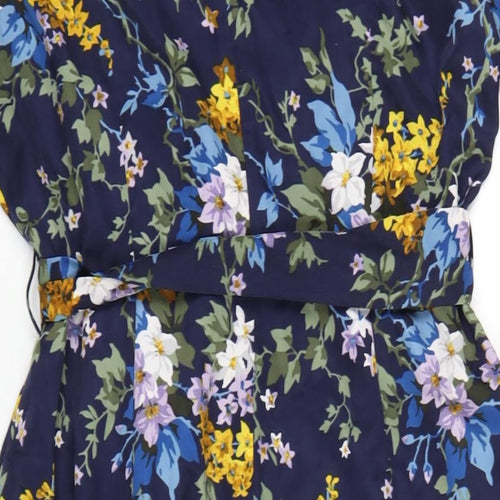 Warehouse Womens Blue Floral Polyester A-Line Size 16 V-Neck Zip