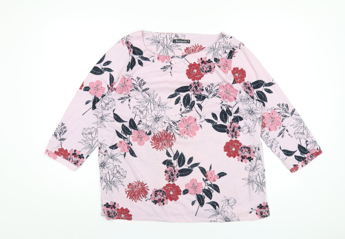 Bonmarché Womens Pink Floral Polyester Basic T-Shirt Size 16 Round Neck