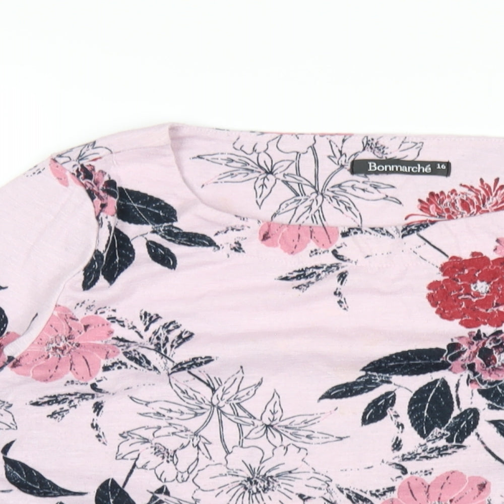 Bonmarché Womens Pink Floral Polyester Basic T-Shirt Size 16 Round Neck