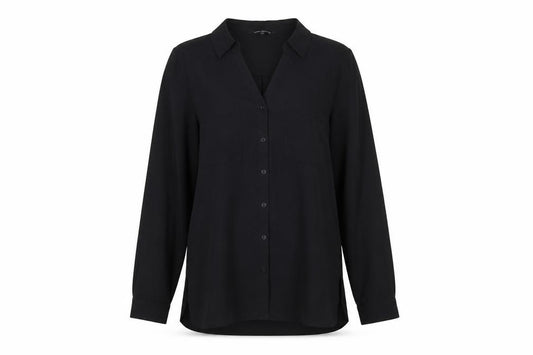 Front view of Debenhams women’s black polyester basic button-up, size UK 10, collared