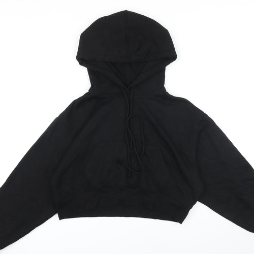 Zara Womens Black Cotton Pullover Hoodie Size L Drawstring - Cropped
