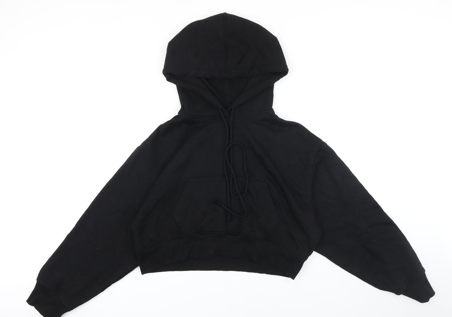 Zara Womens Black Cotton Pullover Hoodie Size L Drawstring - Cropped