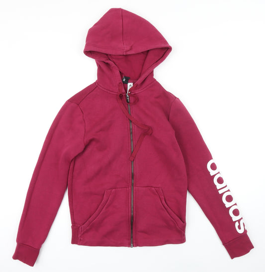 Front view of Addidas women’s pink polyester full zip hoodie, size S, zip