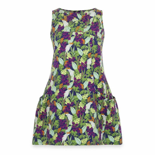 Front view of Next women’s multicoloured floral 100% cotton pinafore/dungaree dress, size UK 10, boat neck - pockets