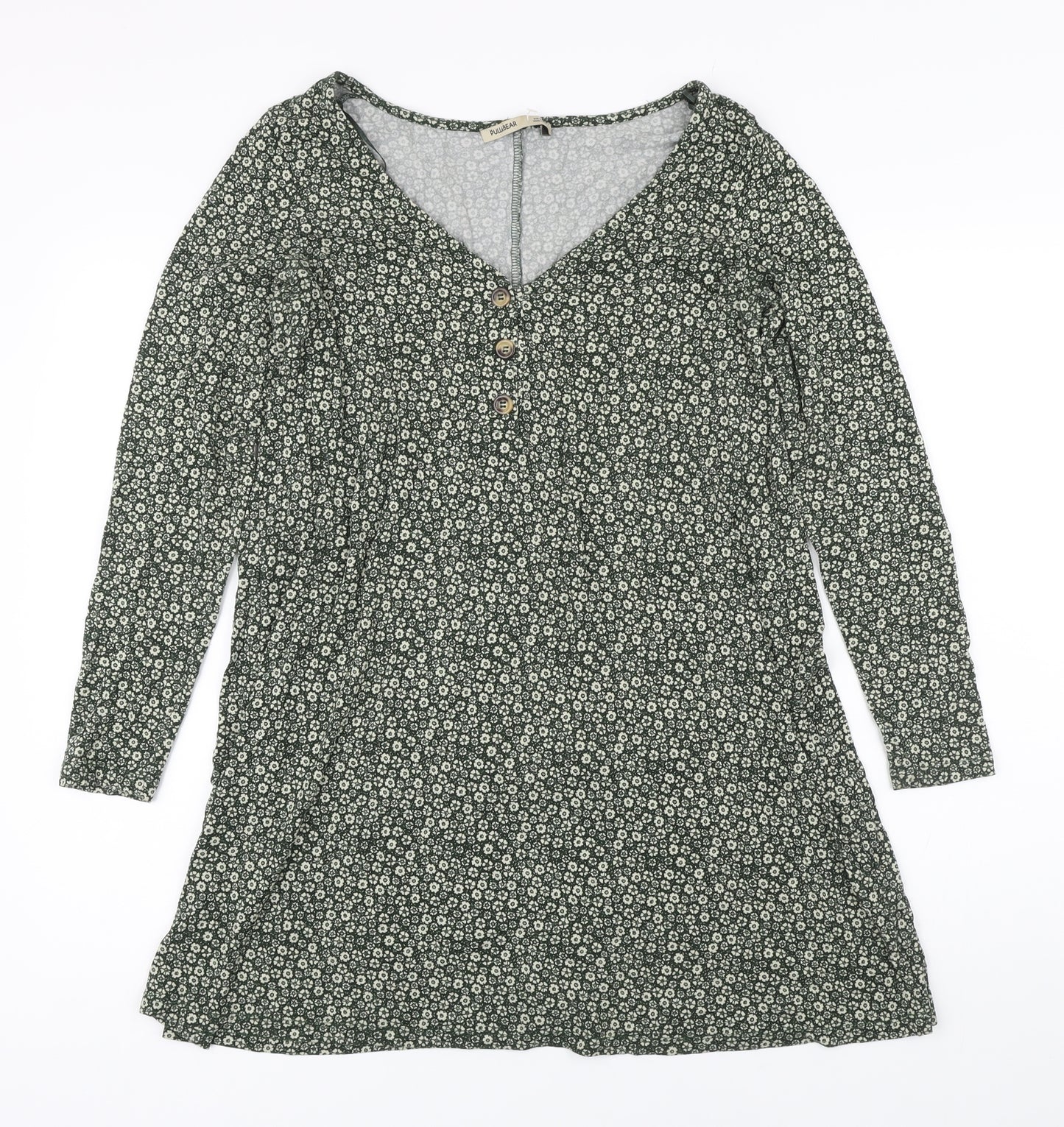 Pull&Bear Womens Green Floral Trivinyl A-Line Size M V-Neck