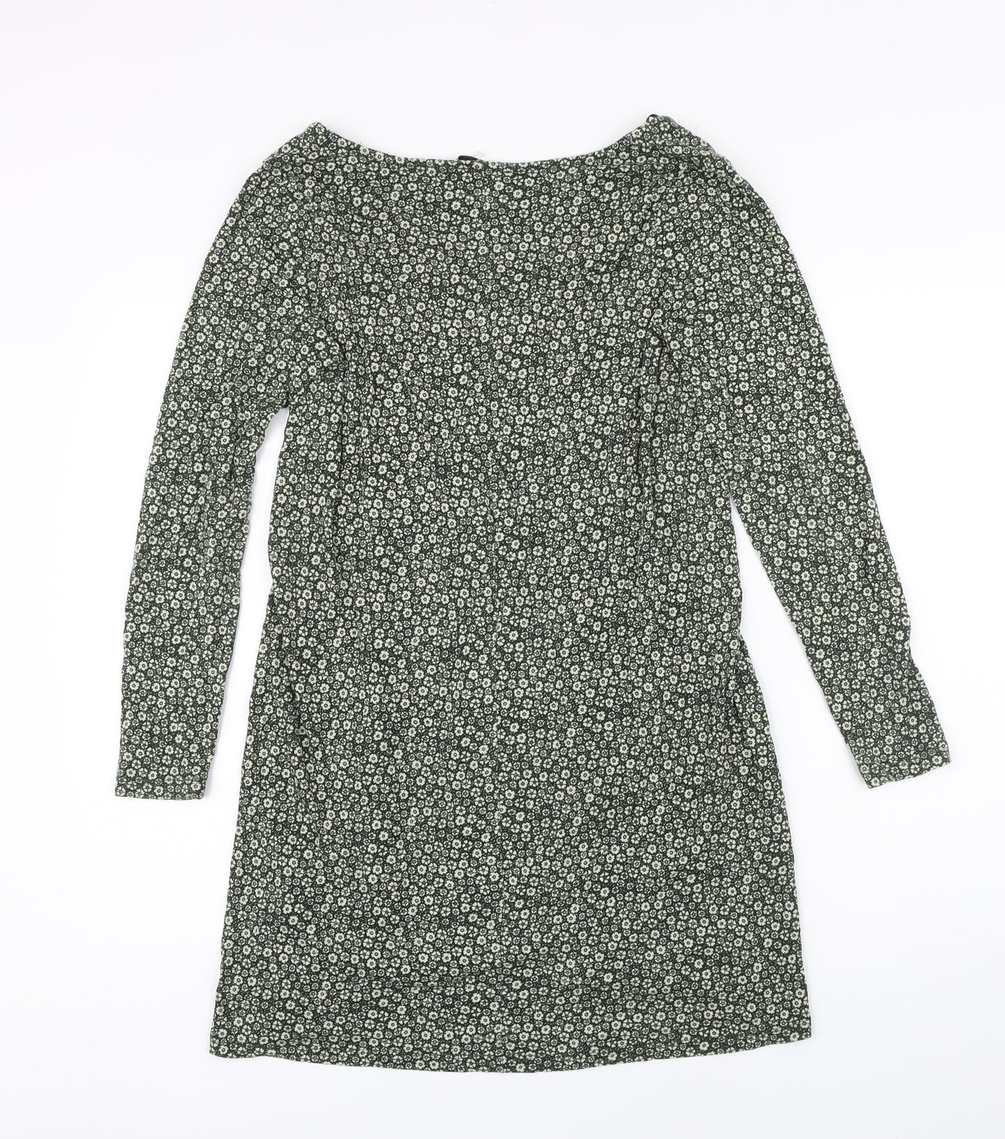 Pull&Bear Womens Green Floral Trivinyl A-Line Size M V-Neck