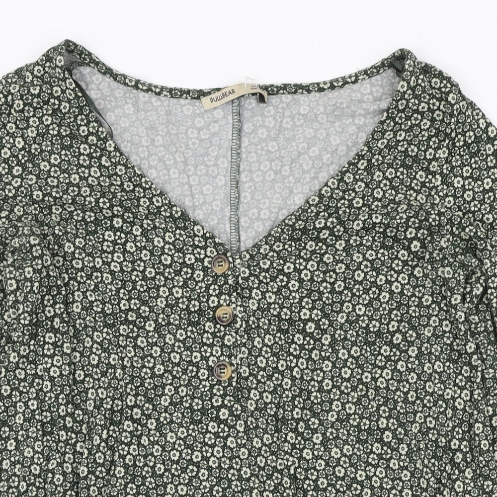Pull&Bear Womens Green Floral Trivinyl A-Line Size M V-Neck