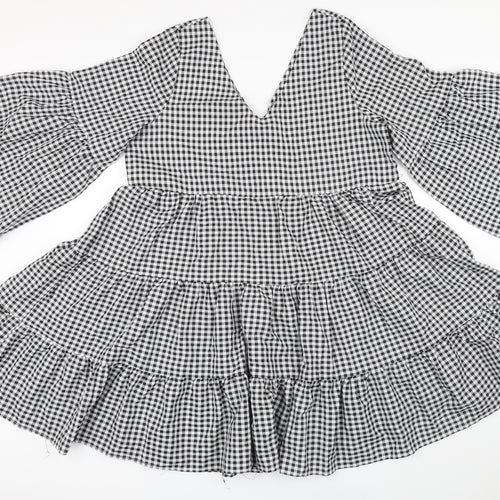 Boohoo Womens Black Gingham Polyester A-Line Size 12 V-Neck