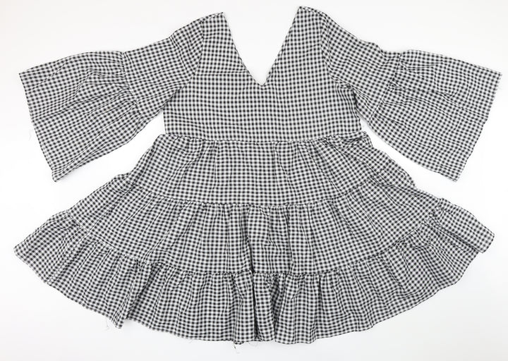 Boohoo Womens Black Gingham Polyester A-Line Size 12 V-Neck
