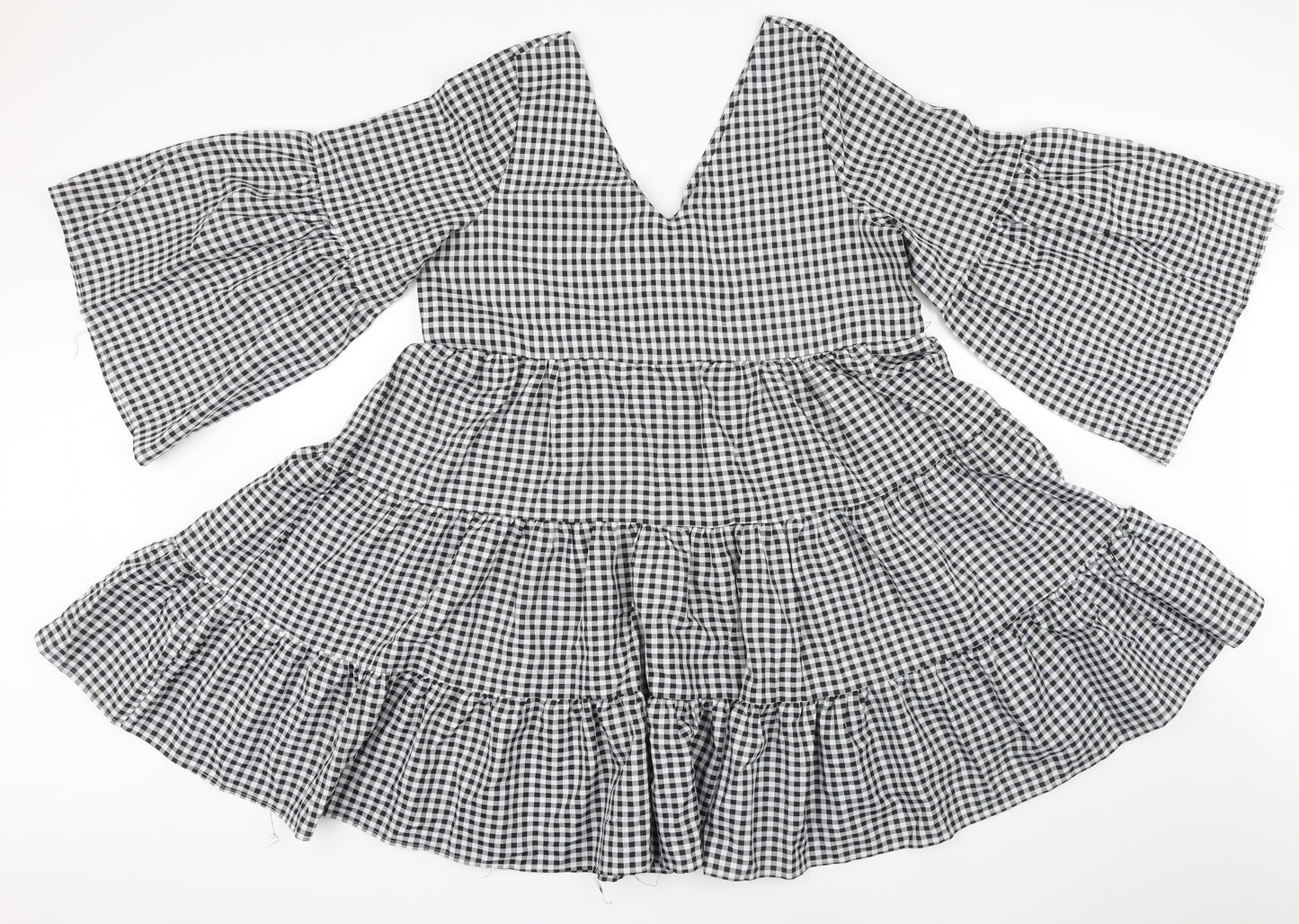 Boohoo Womens Black Gingham Polyester A-Line Size 12 V-Neck